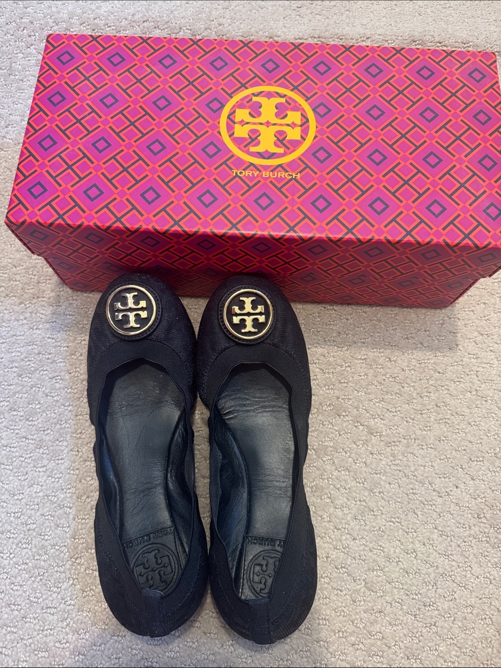 Tory Burch Black Caroline Ballet Flats Leopard Lurex with Gold Logo